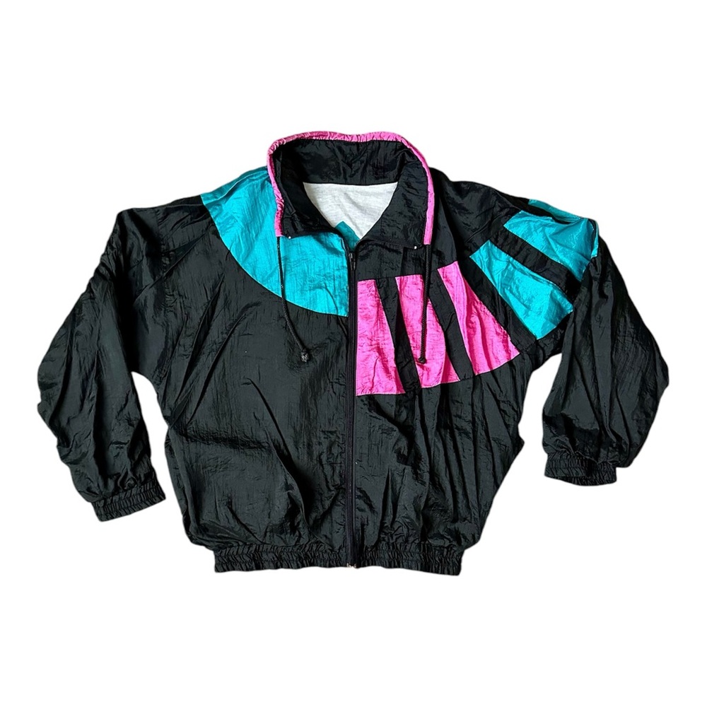 VTG Rock Creek Casuals Women’s L Track Jacket Black Pink Teal‎ Windbreaker Coat